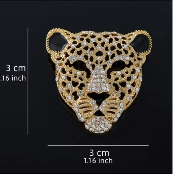 Leopard Head Brooch Pin With Crystals & Enamel Silver Tone - Picture 2 of 2